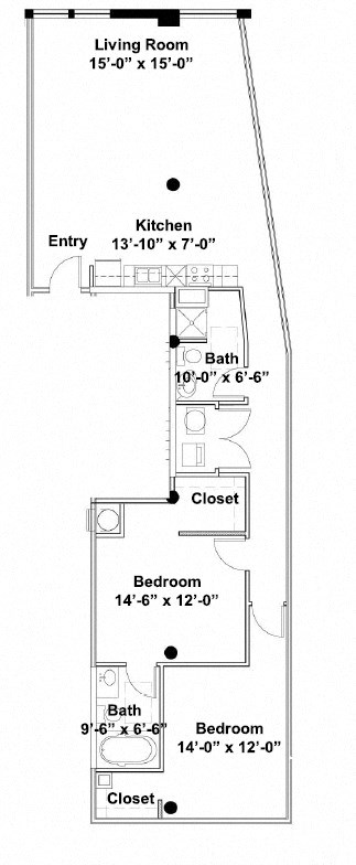 Floor plan for 2 beds, 2 baths, 1358 sqft